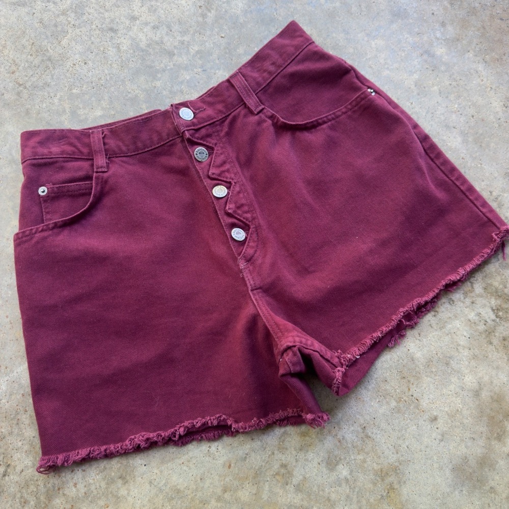 Vintage 90s Bonjour Denim Shorts Button Fly Raw Hem Burgundy Size 13/14 (f2)